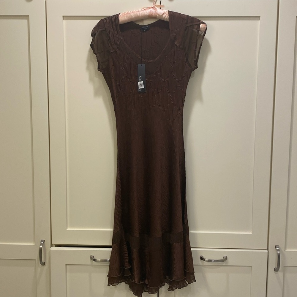 Komarov Brown Patterned Crinkle  Charmuese Chiffon Special Occasion Dress - S